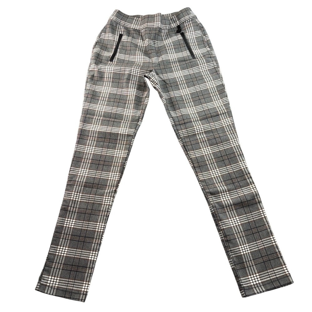 Calvin Klein Womens Grey Plaid Pull On‎ Slim Leg Pants Size 6 Faux Leather Trim